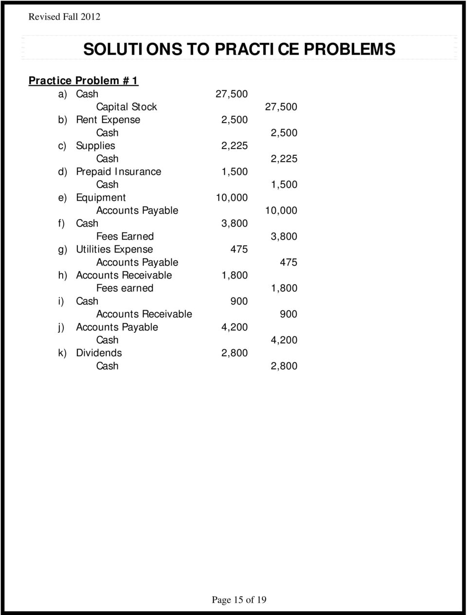 f) Cash 3,800 Fees Earned 3,800 g) Utilities Expense 475 Accounts Payable 475 h) Accounts Receivable 1,800 Fees