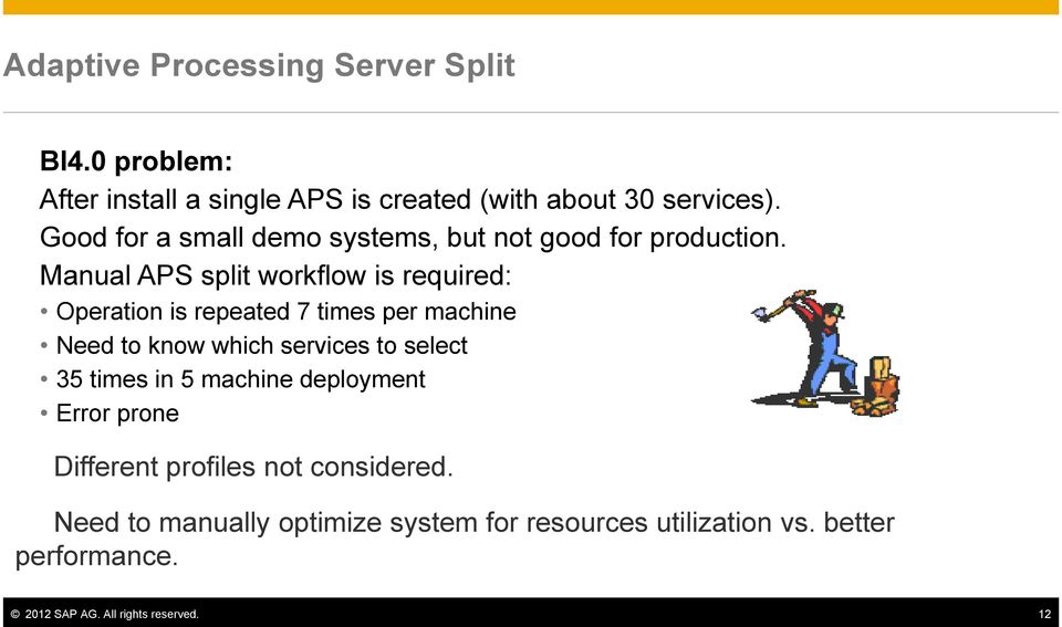 Manual APS split workflow is required: Operation is repeated 7 times per machine Need to know which services to select 35