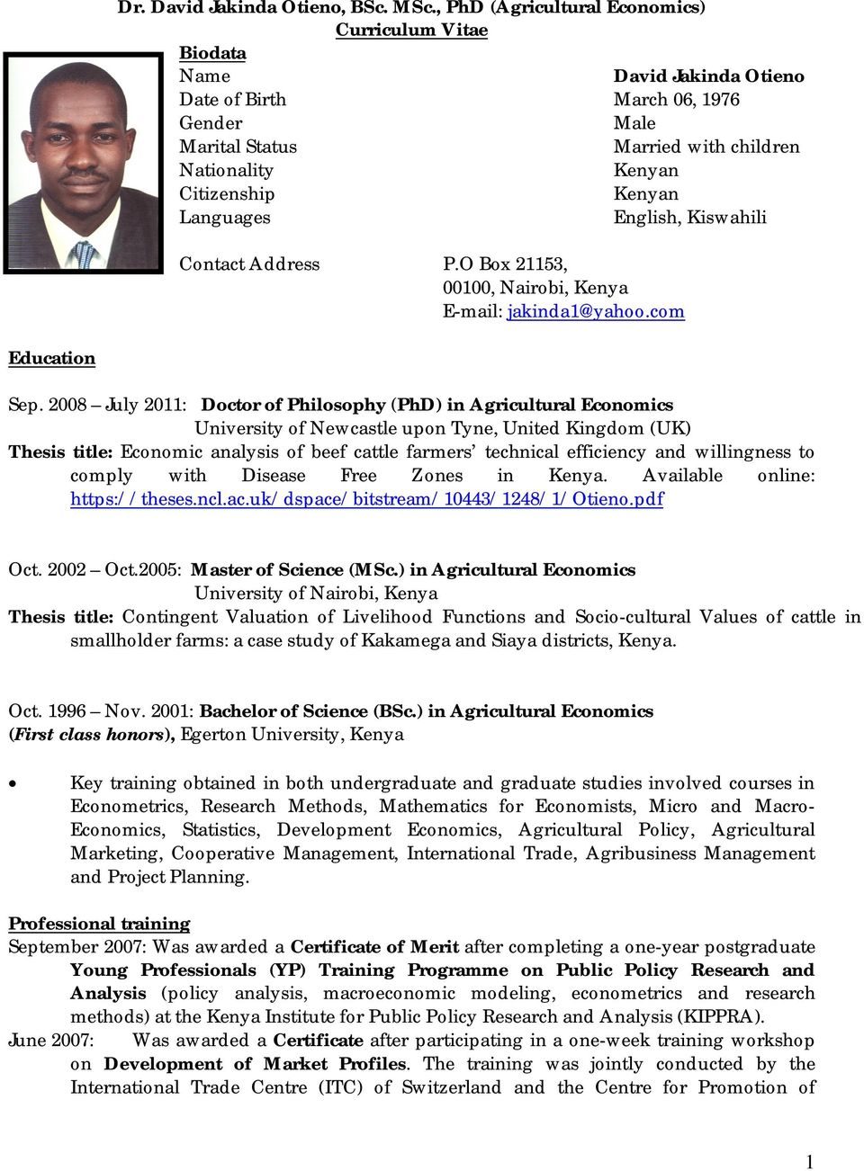 Dr David Jakinda Otieno Bsc Msc Phd Agricultural Economics