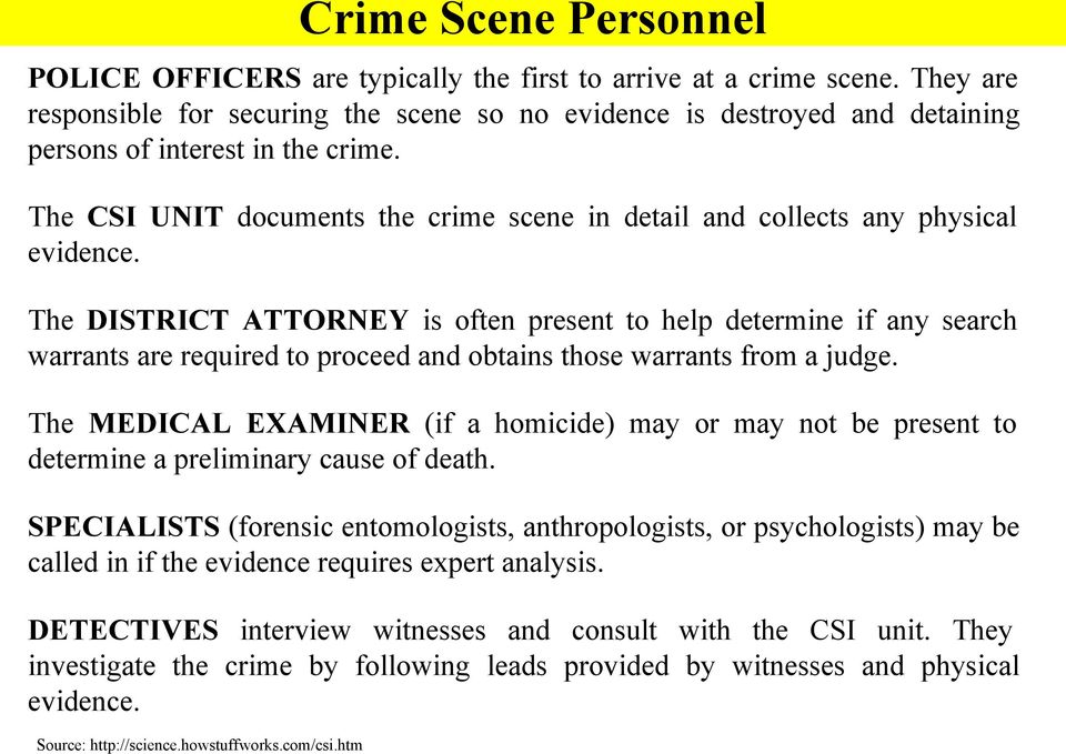 The CSI UNIT documents the crime scene in detail and collects any physical evidence.