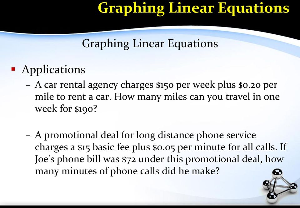 A promotional deal for long distance phone service charges a $15 basic fee plus $0.