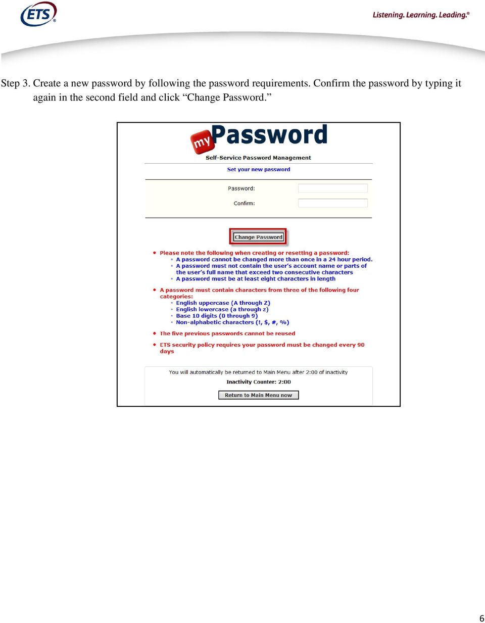 password requirements.