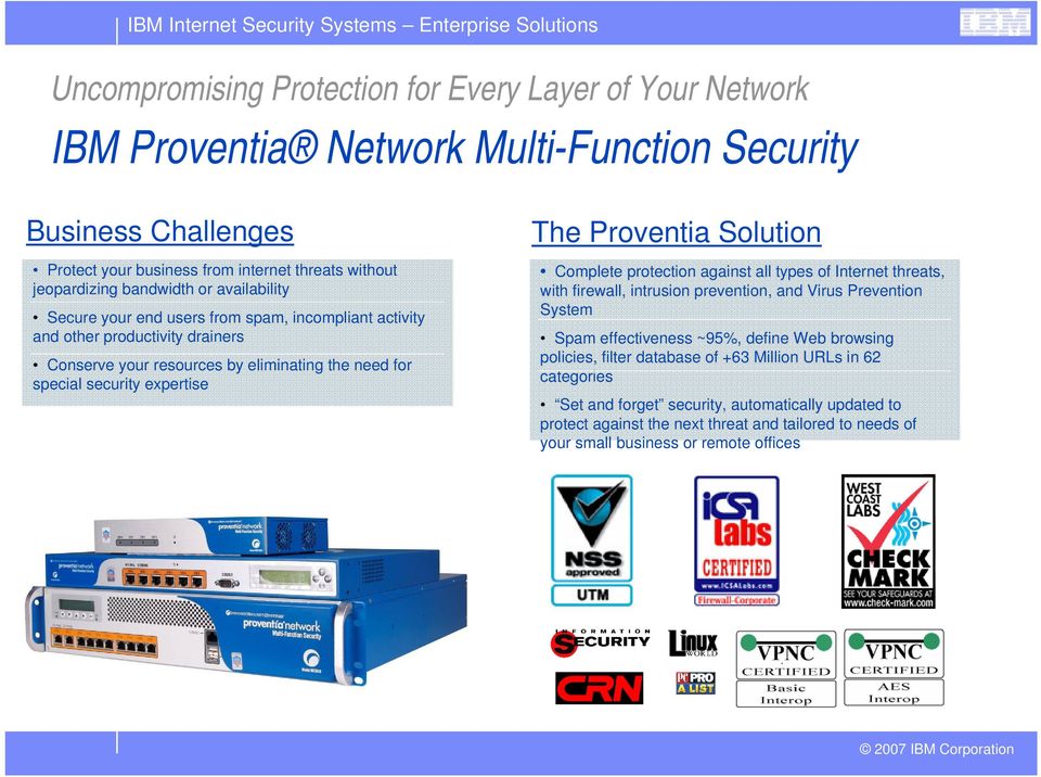 Proventia Solution Complete protection against all types of Internet threats, with firewall, intrusion prevention, and Virus Prevention System Spam effectiveness ~95%, define Web browsing
