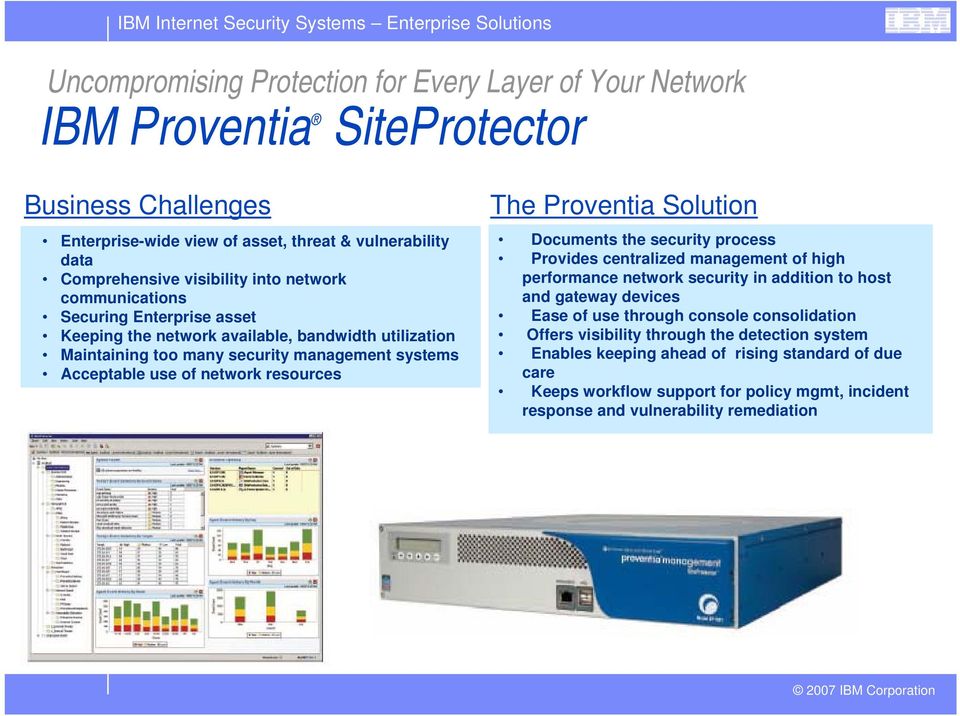 The Proventia Solution Documents the security process Provides centralized management of high performance network security in addition to host and gateway devices Ease of use through console