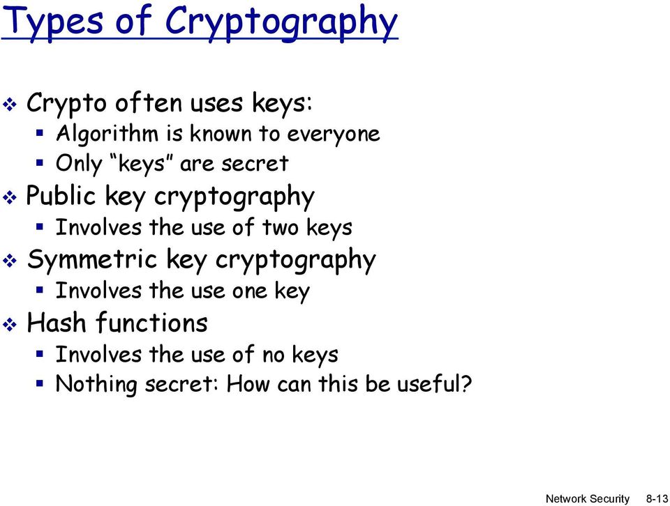 of two keys Symmetric key cryptography Involves the use one key Hash
