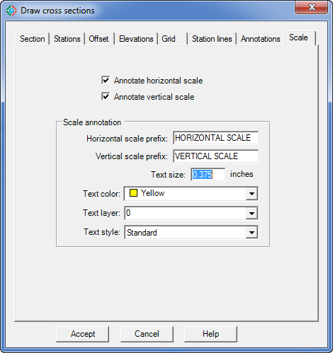 Dialog box settings (Scale tab): Draw cross sections dialog box (Scale tab) Annotate horizontal and vertical scale.
