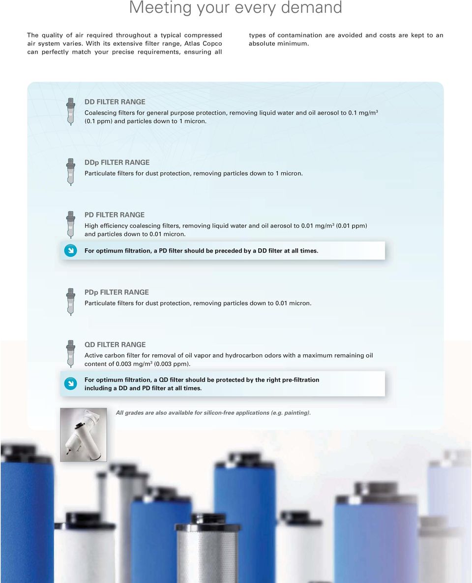 DD FILTER RANGE Coalescing filters for general purpose protection, removing liquid water and oil aerosol to 0.1 mg/m 3 (0.1 ppm) and particles down to 1 micron.