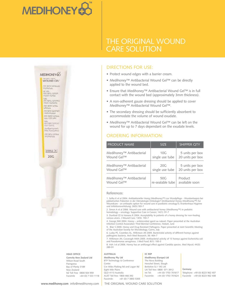 A non-adherent gauze dressing should be applied to cover Medihoney Antibacterial Wound Gel. The secondary dressing should be sufficiently absorbent to accommodate the volume of wound exudate.