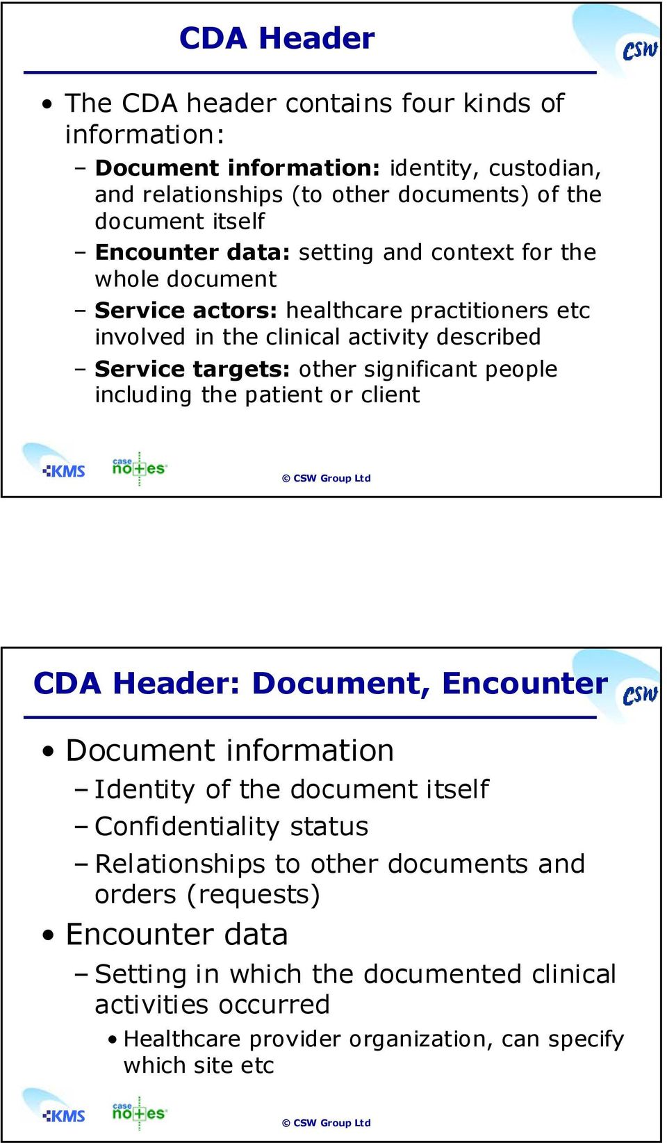 significant people including the patient or client KMS CDA Header: Document, Encounter Document information Identity of the document itself Confidentiality status