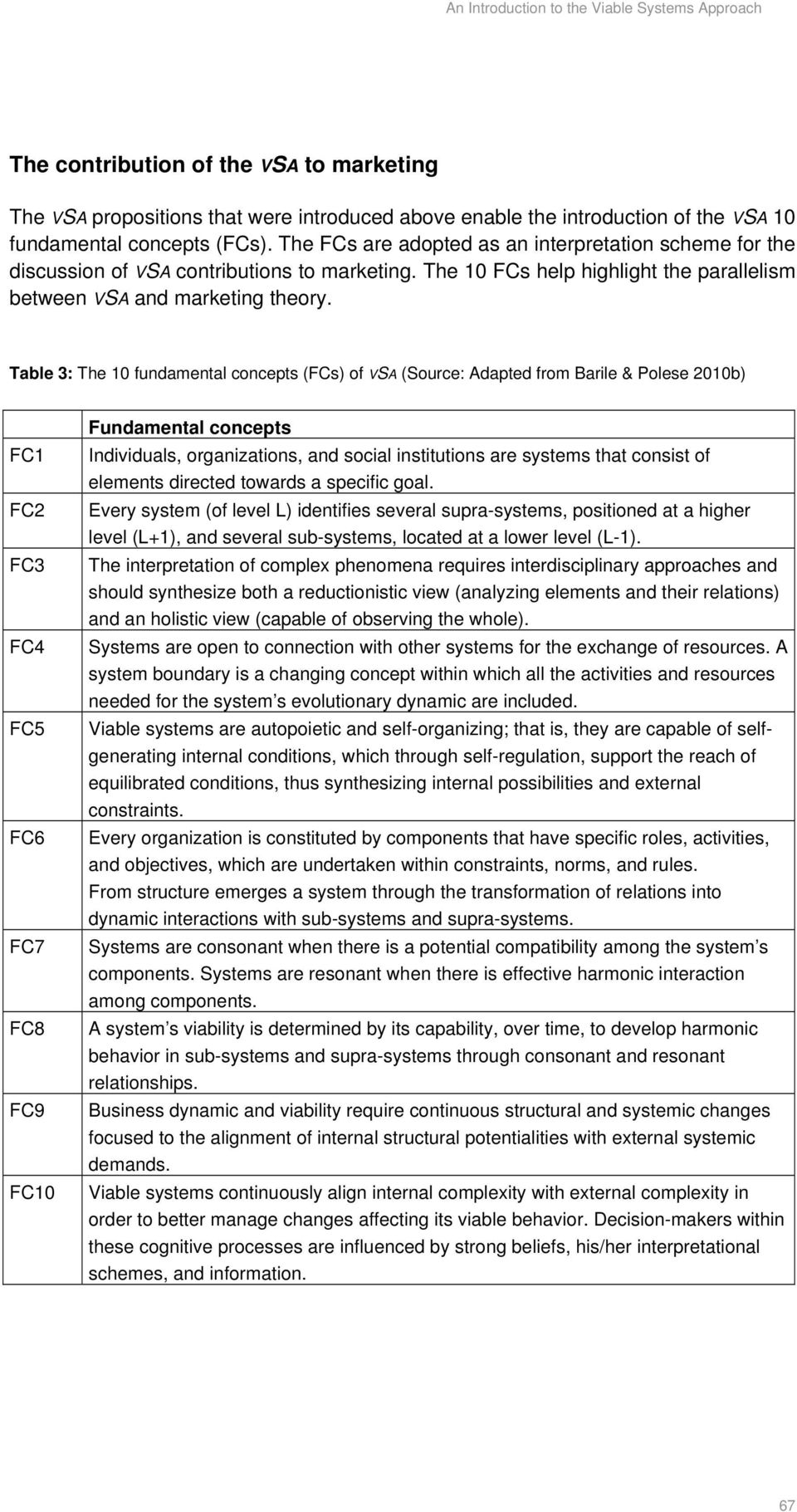 Table 3: The 10 fundamental concepts (FCs) of VSA (Source: Adapted from Barile & Polese 2010b) FC1 FC2 FC3 FC4 FC5 FC6 FC7 FC8 FC9 FC10 Fundamental concepts Individuals, organizations, and social