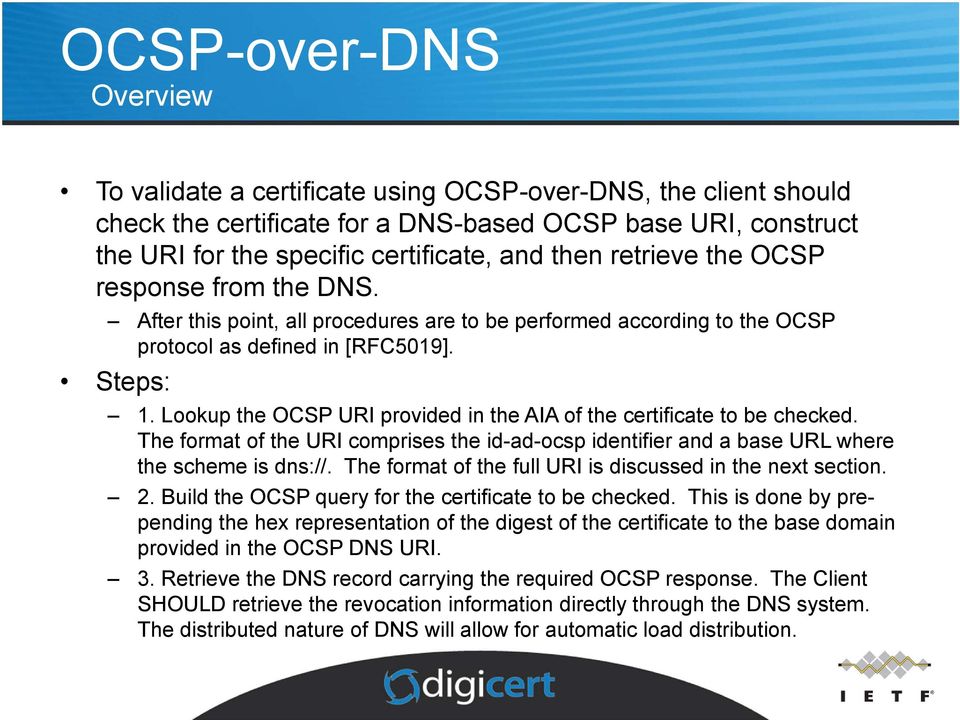 Lookup the OCSP URI provided in the AIA of the certificate to be checked. The format of the URI comprises the id-ad-ocsp identifier and a base URL where the scheme is dns://.