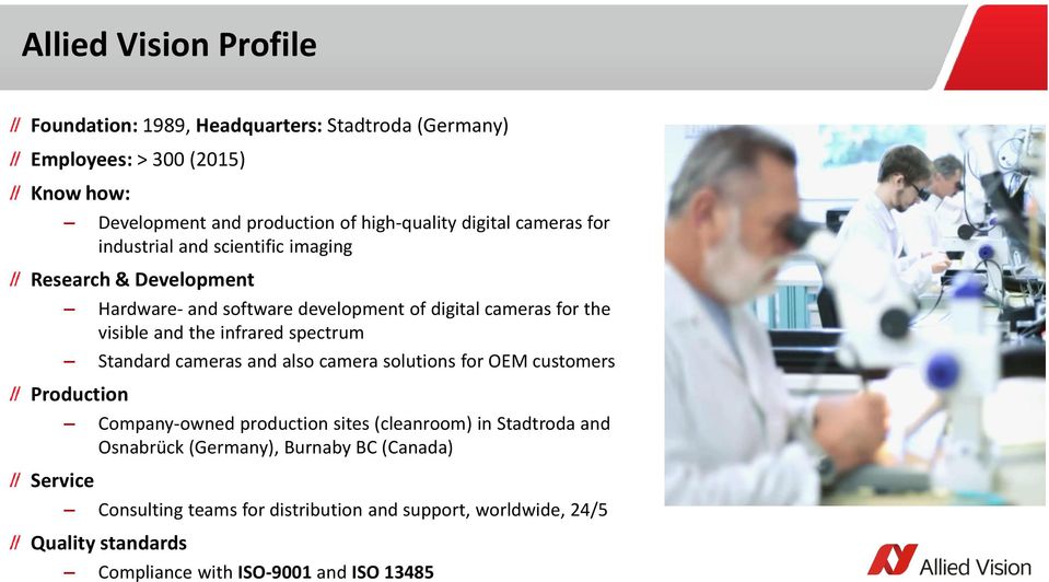 infrared spectrum Standard cameras and also camera solutions for OEM customers Production Service Company-owned production sites (cleanroom) in Stadtroda