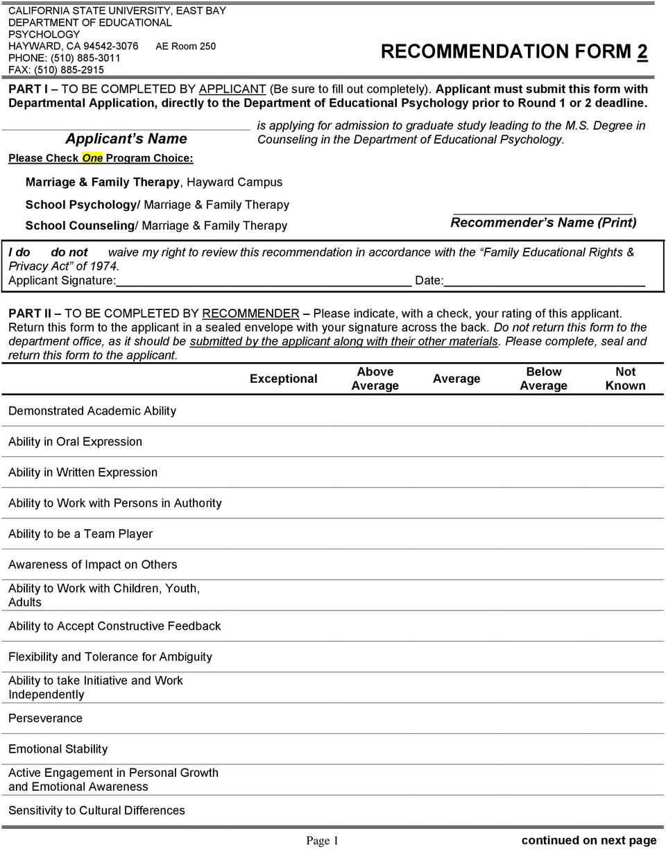 Applicant s Name Please Check One Program Choice: Marriage & Family Therapy, Hayward Campus is applying for admission to graduate study leading to the M.S.