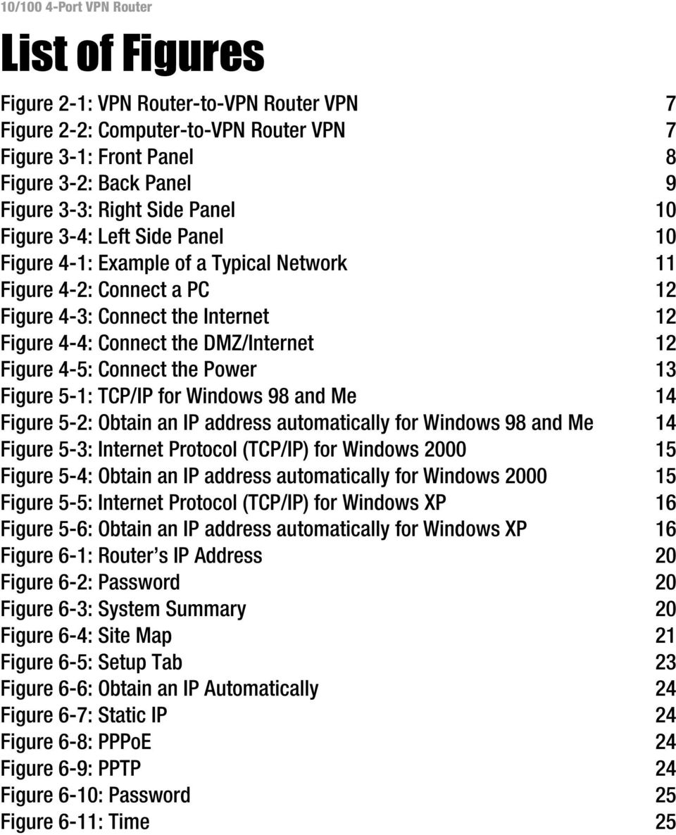Figure 5-1: TCP/IP for Windows 98 and Me 14 Figure 5-2: Obtain an IP address automatically for Windows 98 and Me 14 Figure 5-3: Internet Protocol (TCP/IP) for Windows 2000 15 Figure 5-4: Obtain an IP