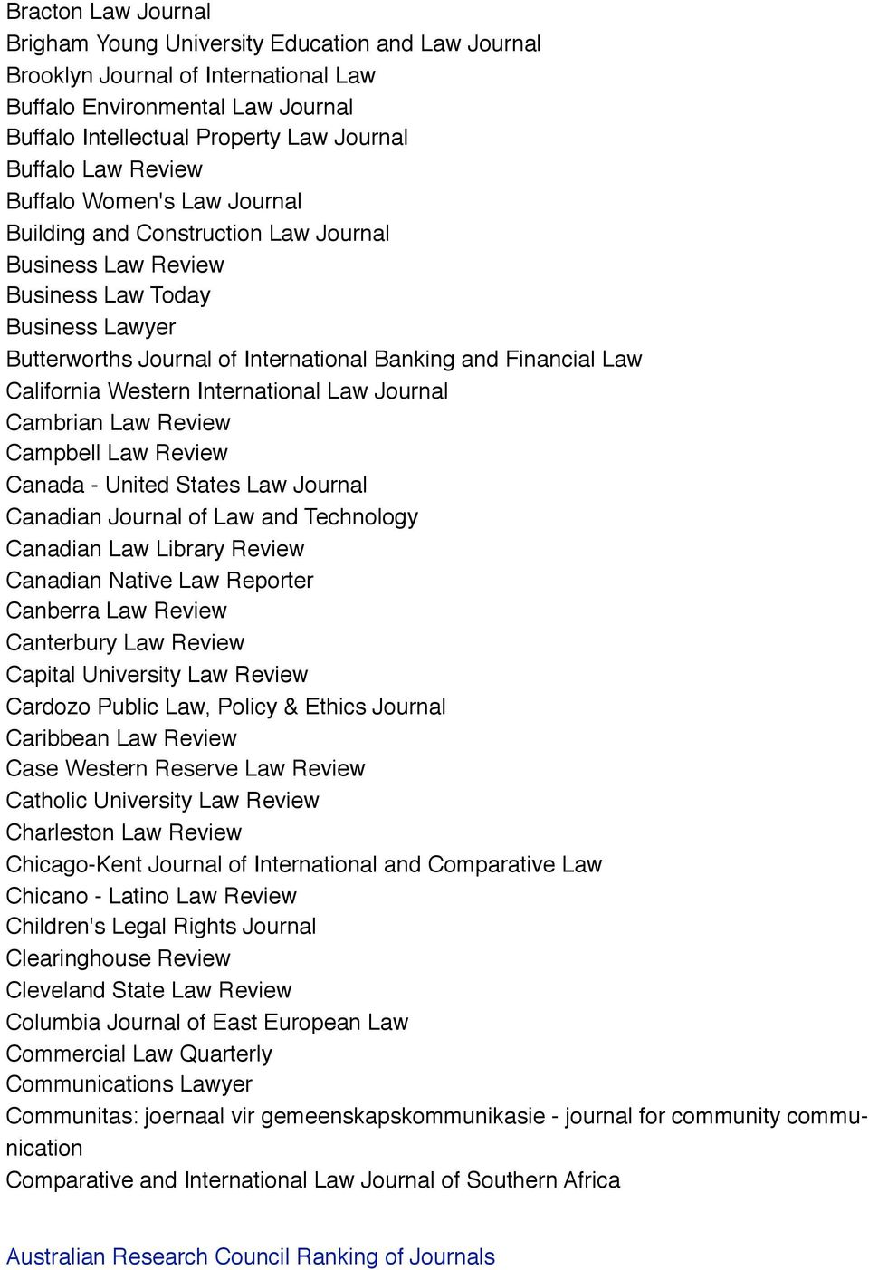 California Western International Law Journal Cambrian Law Review Campbell Law Review Canada - United States Law Journal Canadian Journal of Law and Technology Canadian Law Library Review Canadian