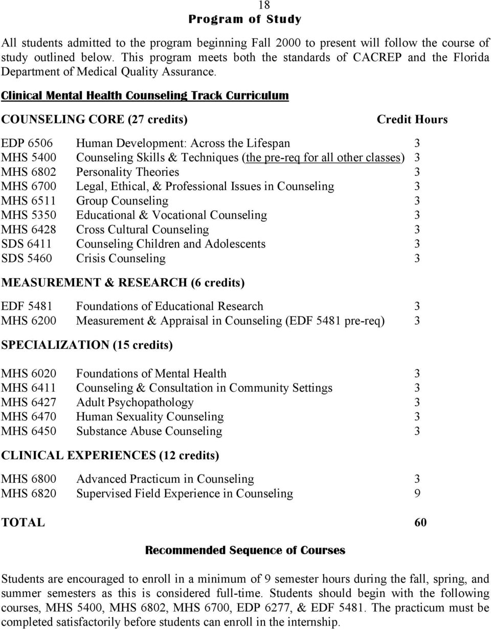 Clinical Mental Health Counseling Track Curriculum COUNSELING CORE (27 credits) Credit Hours EDP 6506 Human Development: Across the Lifespan 3 MHS 5400 Counseling Skills & Techniques (the pre-req for
