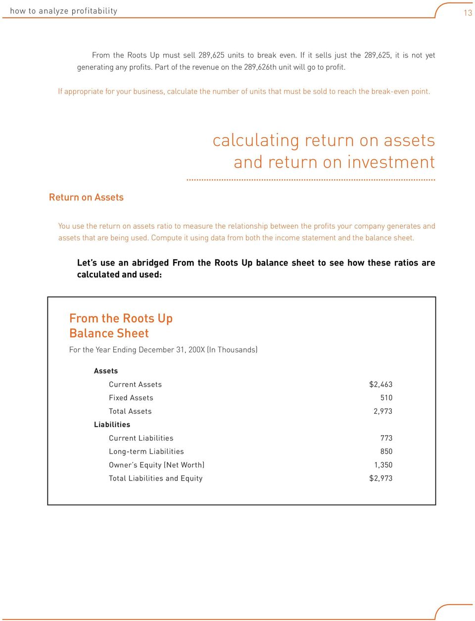 calculating return on assets and return on investment Return on Assets You use the return on assets ratio to measure the relationship between the profits your company generates and assets that are