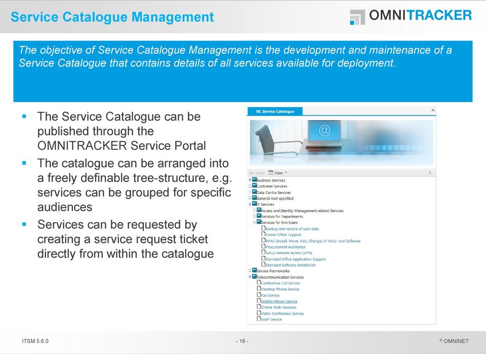 The Service Catalogue can be published through the OMNITRACKER Service Portal The catalogue can be arranged into a freely