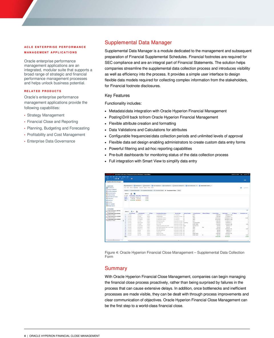 RELATED PRODUCTS Oracle s enterprise performance management applications provide the following capabilities: Strategy Management Financial Close and Reporting Planning, Budgeting and Forecasting
