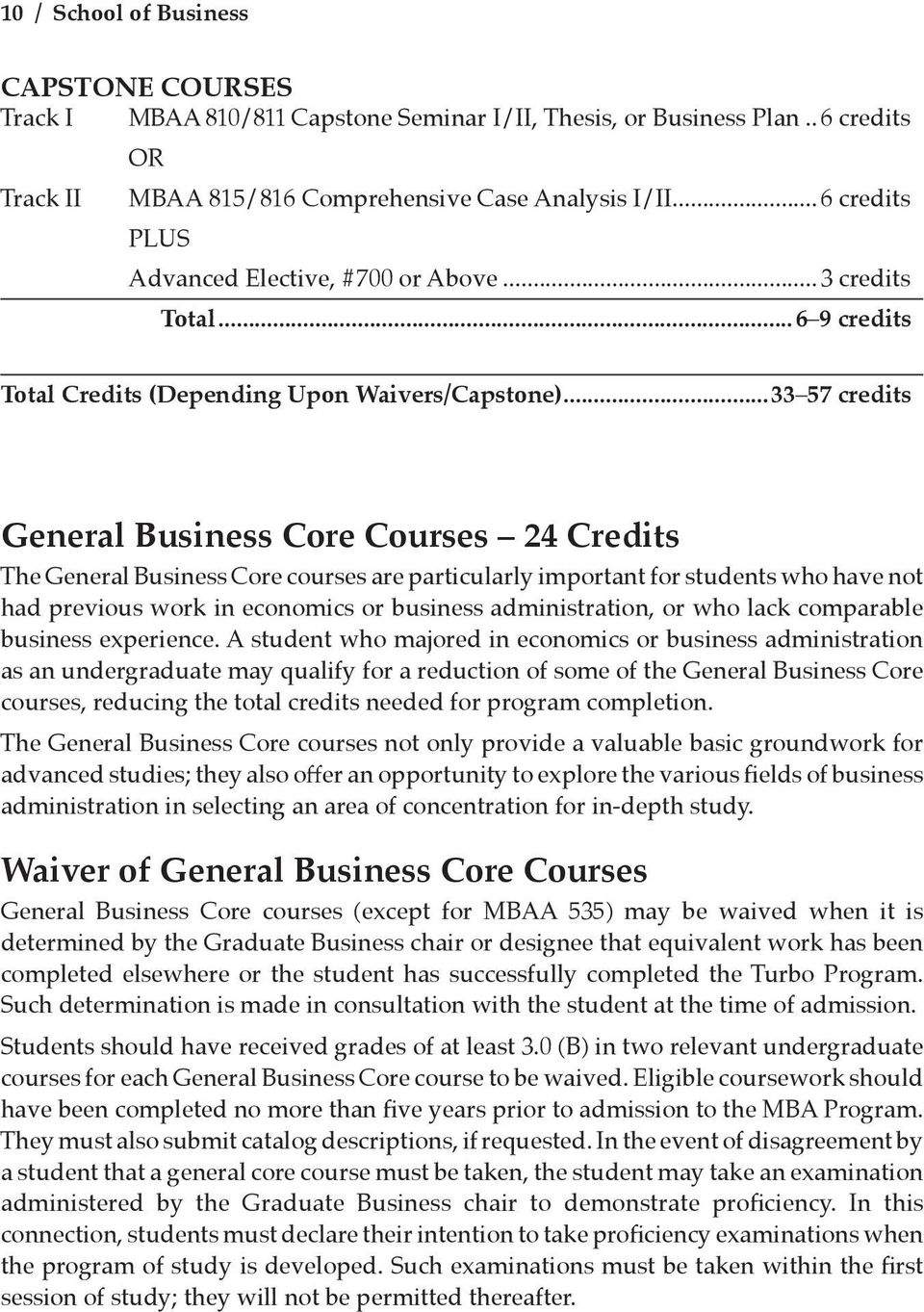 ..33 57 credits General Business Core Courses 24 Credits The General Business Core courses are particularly important for students who have not had previous work in economics or business
