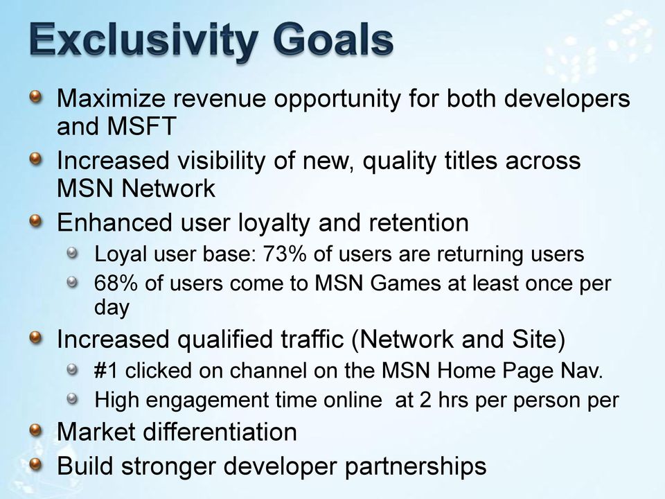 MSN Games at least once per day Increased qualified traffic (Network and Site) #1 clicked on channel on the MSN Home