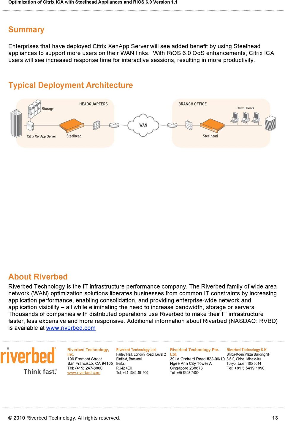 Typical Deployment Architecture About Riverbed Riverbed Technology is the IT infrastructure performance company.