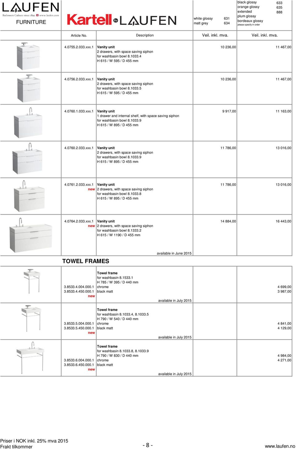 1 Vanity unit 10 236,00 2 drawers, with space saving siphon for washbasin bowl 8.1033.5 H 615 / W 595 / D 455 mm 11 467,00 4.0760.1.033.xxx.