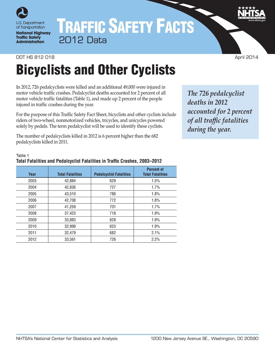 For the purpose of this Traffic Safety Fact Sheet, bicyclists and other cyclists include riders of two-wheel, nonmotorized vehicles, tricycles, and unicycles powered solely by pedals.