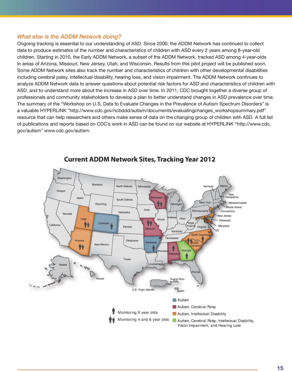 Starting in 2010, the Early ADDM Network, a subset of the ADDM Network, tracked ASD among 4-year-olds in areas of Arizona, Missouri, New Jersey, Utah, and Wisconsin.