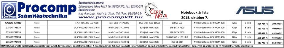 max 32GB) 1TB SATA 7200 NVIDIA GeForce GTX 970M 3GB 720p 8 cella G751JY-T7372D fekete 17,3" FULL HD IPS LED matt Intel Core i7-4720hq 8GB (4sl.