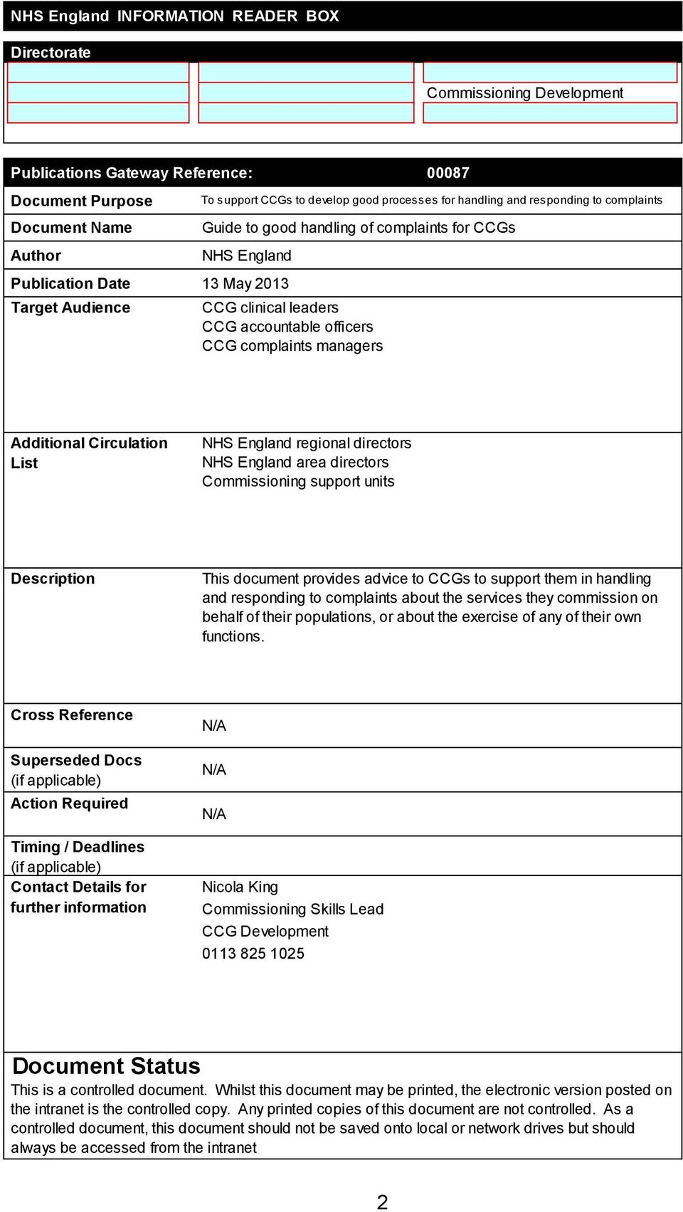 managers Additional Circulation List NHS England regional directors NHS England area directors Commissioning support units Description This document provides advice to CCGs to support them in