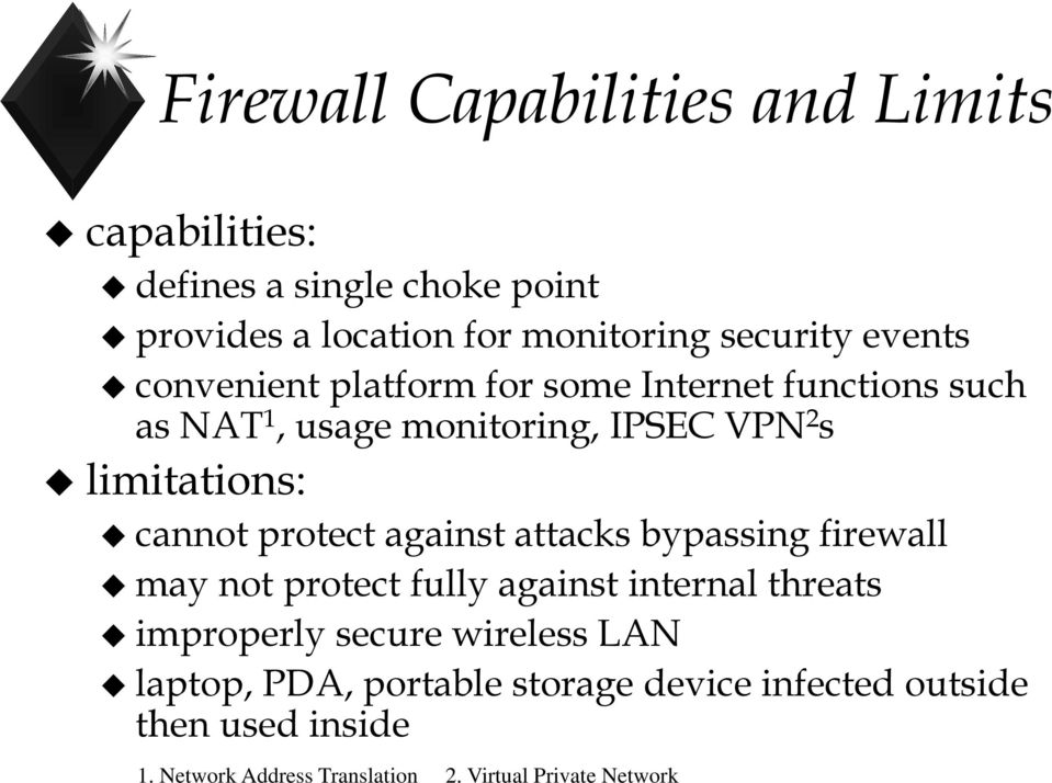 protect against attacks bypassing firewall may not protect fully against internal threats improperly secure wireless LAN