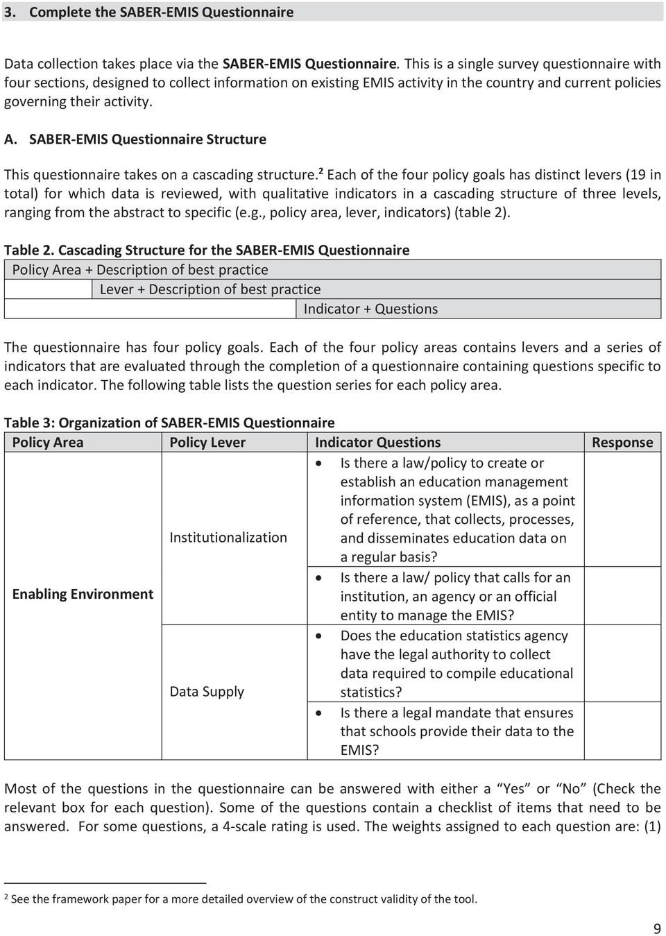 SABER-EMIS Questionnaire Structure This questionnaire takes on a cascading structure.
