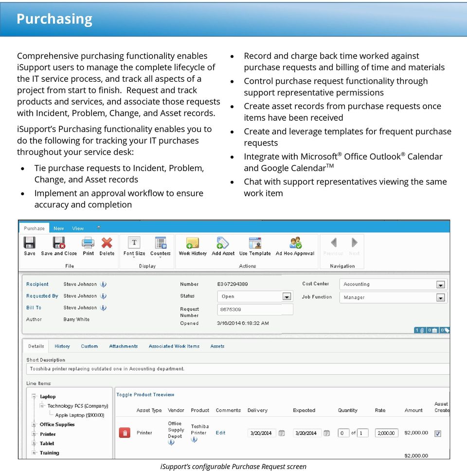 isupport s Purchasing functionality enables you to do the following for tracking your IT purchases throughout your service desk: Tie purchase requests to Incident, Problem, Change, and Asset records