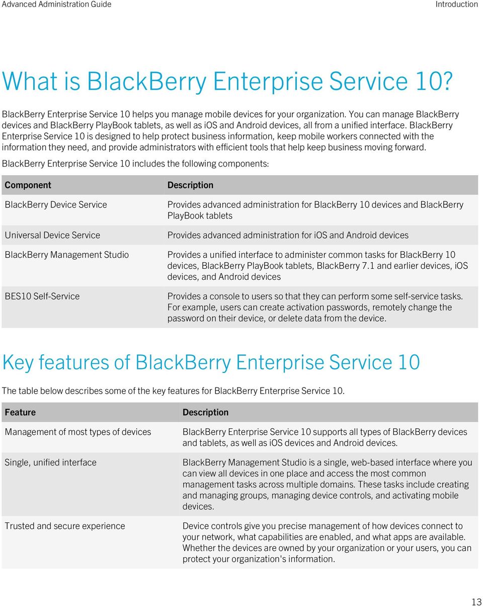 BlackBerry Enterprise Service 10 is designed to help protect business information, keep mobile workers connected with the information they need, and provide administrators with efficient tools that