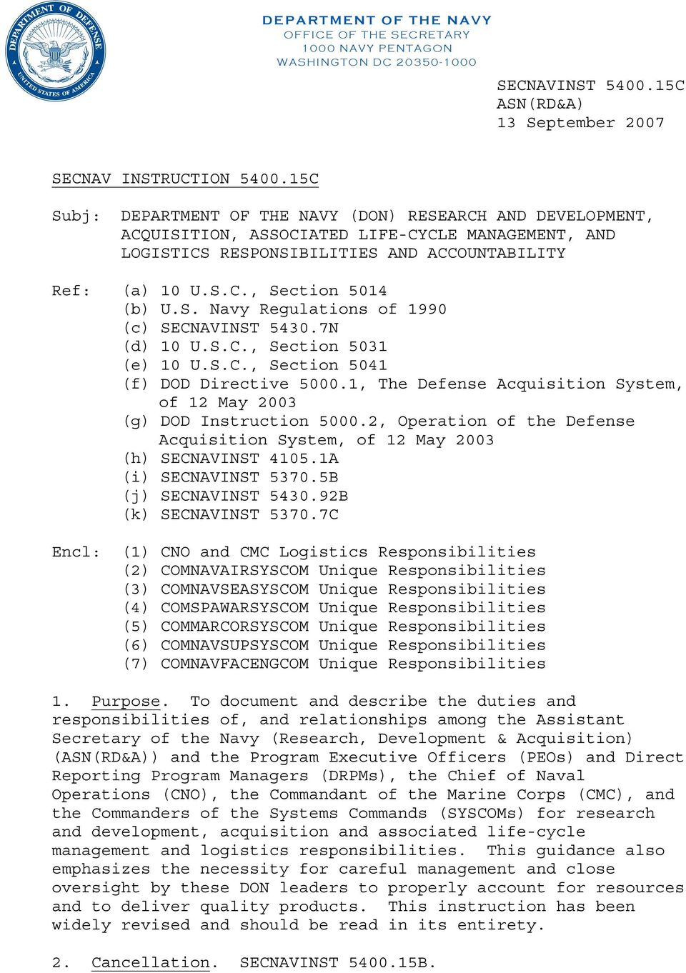 S. Navy Regulations of 1990 (c) SECNAVINST 5430.7N (d) 10 U.S.C., Section 5031 (e) 10 U.S.C., Section 5041 (f) DOD Directive 5000.