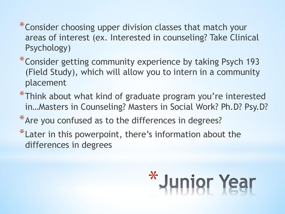 intern in a community placement Think about what kind of graduate program you re interested in Masters in Counseling?