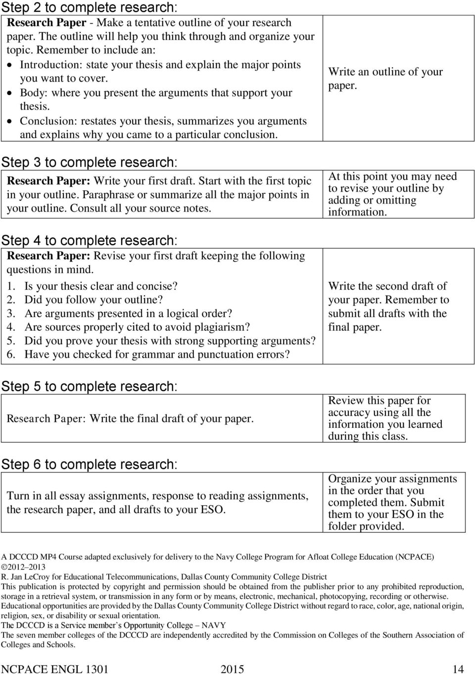 Conclusion: restates your thesis, summarizes you arguments and explains why you came to a particular conclusion. Step 3 to complete research: Research Paper: Write your first draft.