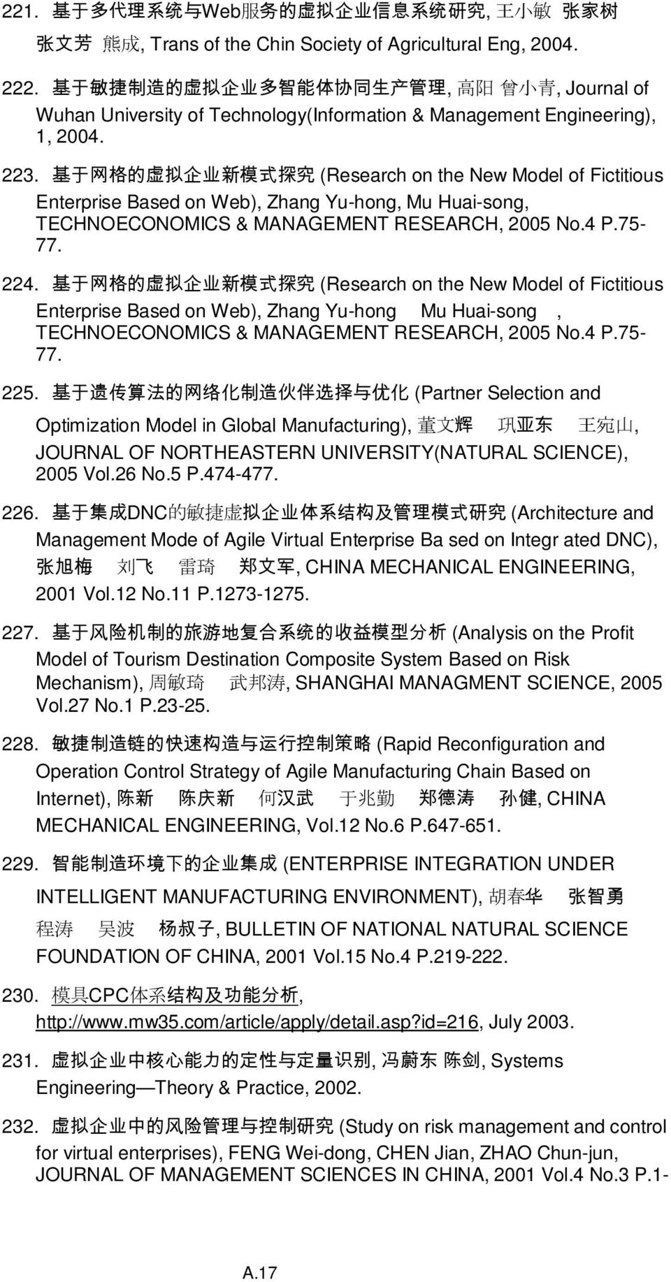 基 于 网 格 的 虚 拟 企 业 新 模 式 探 究 (Research on the New Model of Fictitious Enterprise Based on Web), Zhang Yu-hong, Mu Huai-song, TECHNOECONOMICS & MANAGEMENT RESEARCH, 2005 No.4 P.75-77. 224.