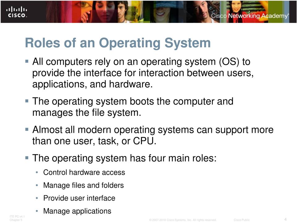 The operating system boots the computer and manages the file system.