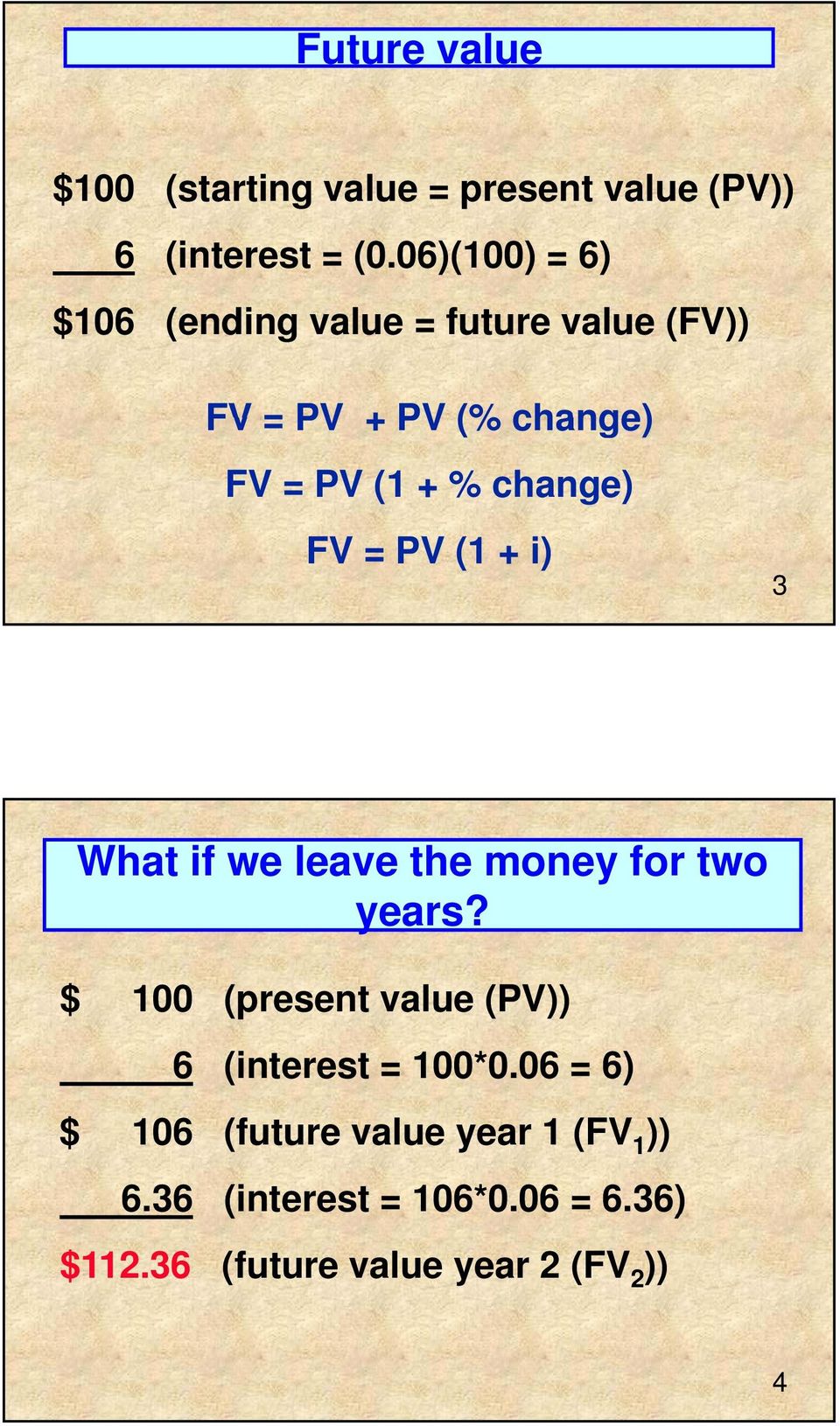 change) FV = PV (1 + i) 3 What if we leave the money for two years?
