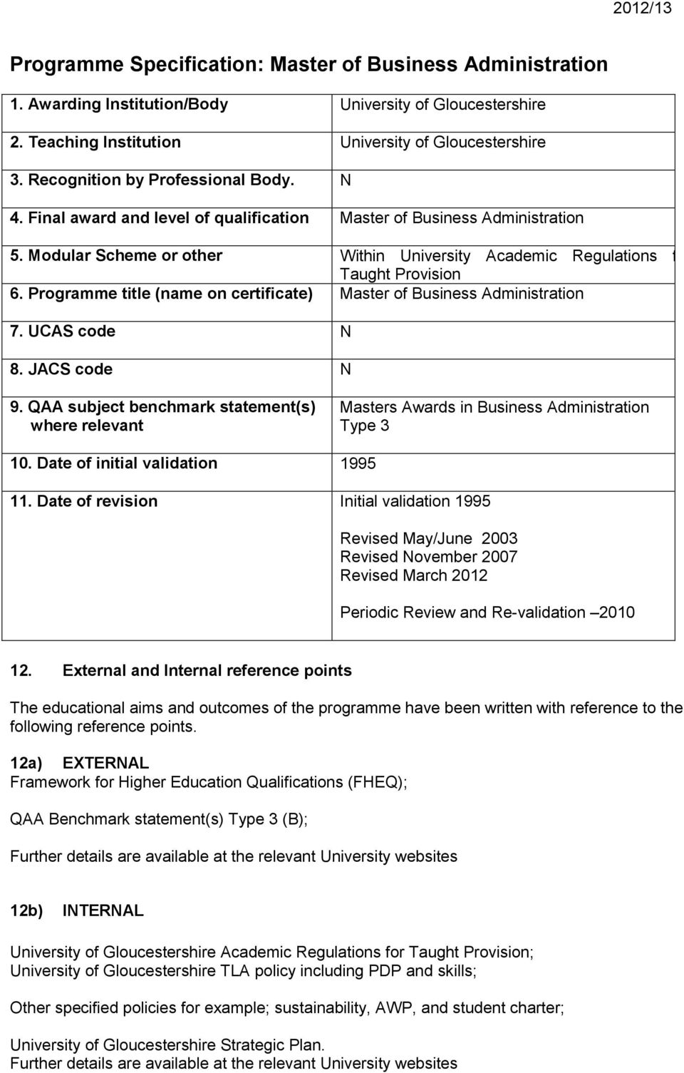 Programme title (name on certificate) Master of Business Administration 7. UCAS code N 8. JACS code N 9.