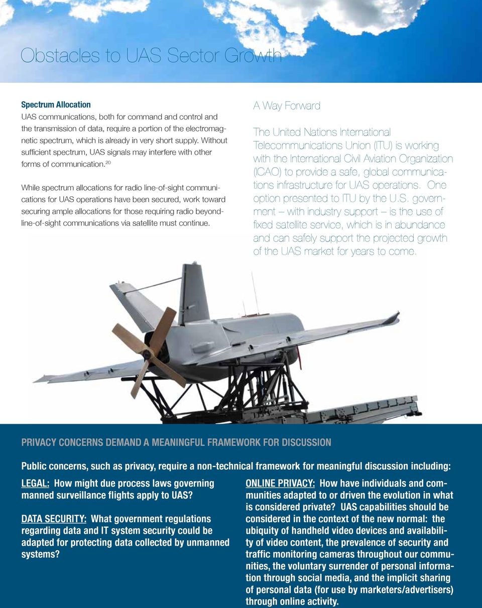 20 While spectrum allocations for radio line-of-sight communications for UAS operations have been secured, work toward securing ample allocations for those requiring radio beyondline-of-sight