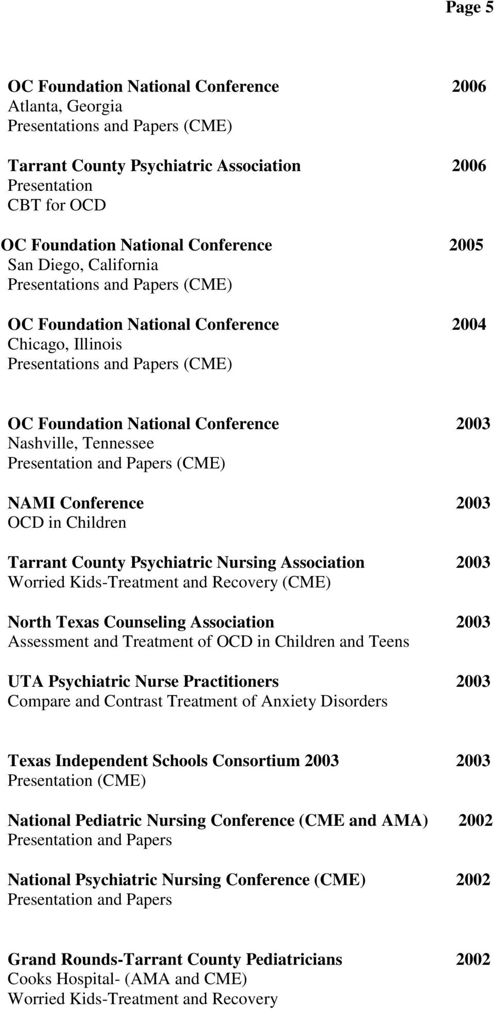 Psychiatric Nursing Association 2003 Worried Kids-Treatment and Recovery (CME) North Texas Counseling Association 2003 Assessment and Treatment of OCD in Children and Teens UTA Psychiatric Nurse