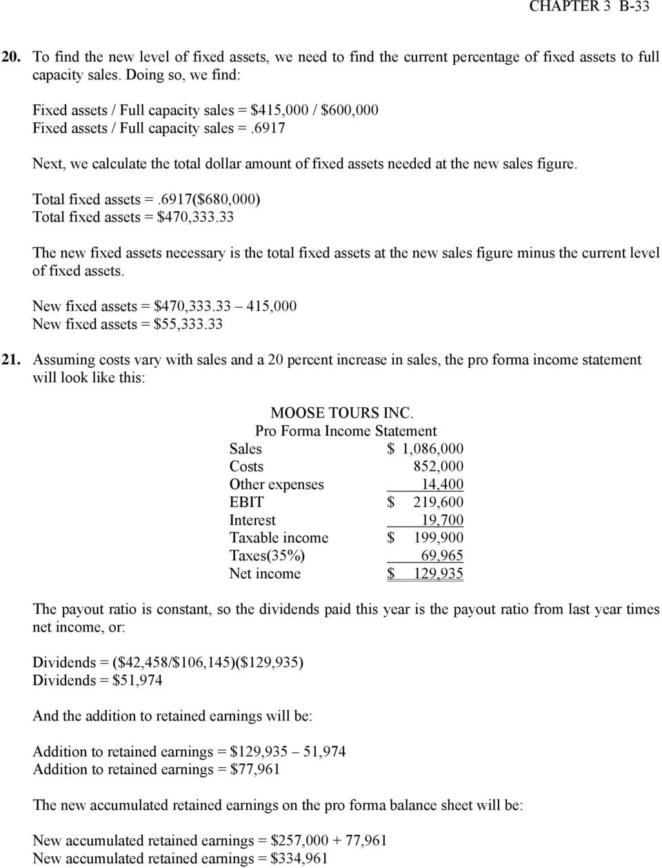 6917 Next, we calculate the total dollar amount of fixed assets needed at the new sales figure. Total fixed assets =.6917($680,000) Total fixed assets = $470,333.