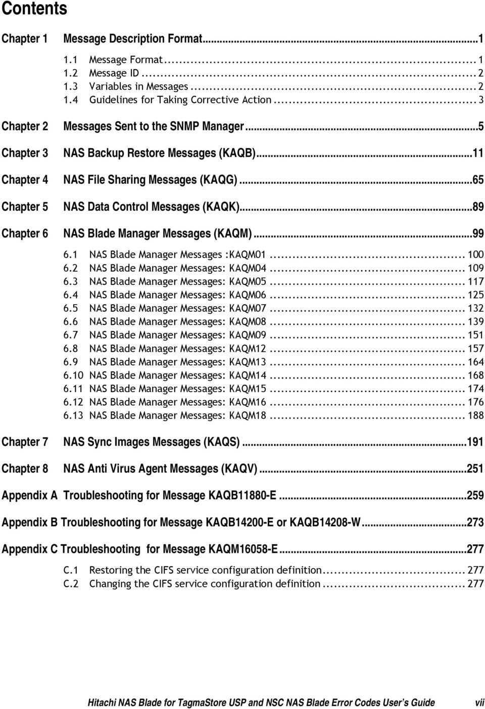 ..89 Chapter 6 NAS Blade Manager Messages (KAQM)...99 6.1 NAS Blade Manager Messages :KAQM01... 100 6.2 NAS Blade Manager Messages: KAQM04... 109 6.3 NAS Blade Manager Messages: KAQM05... 117 6.