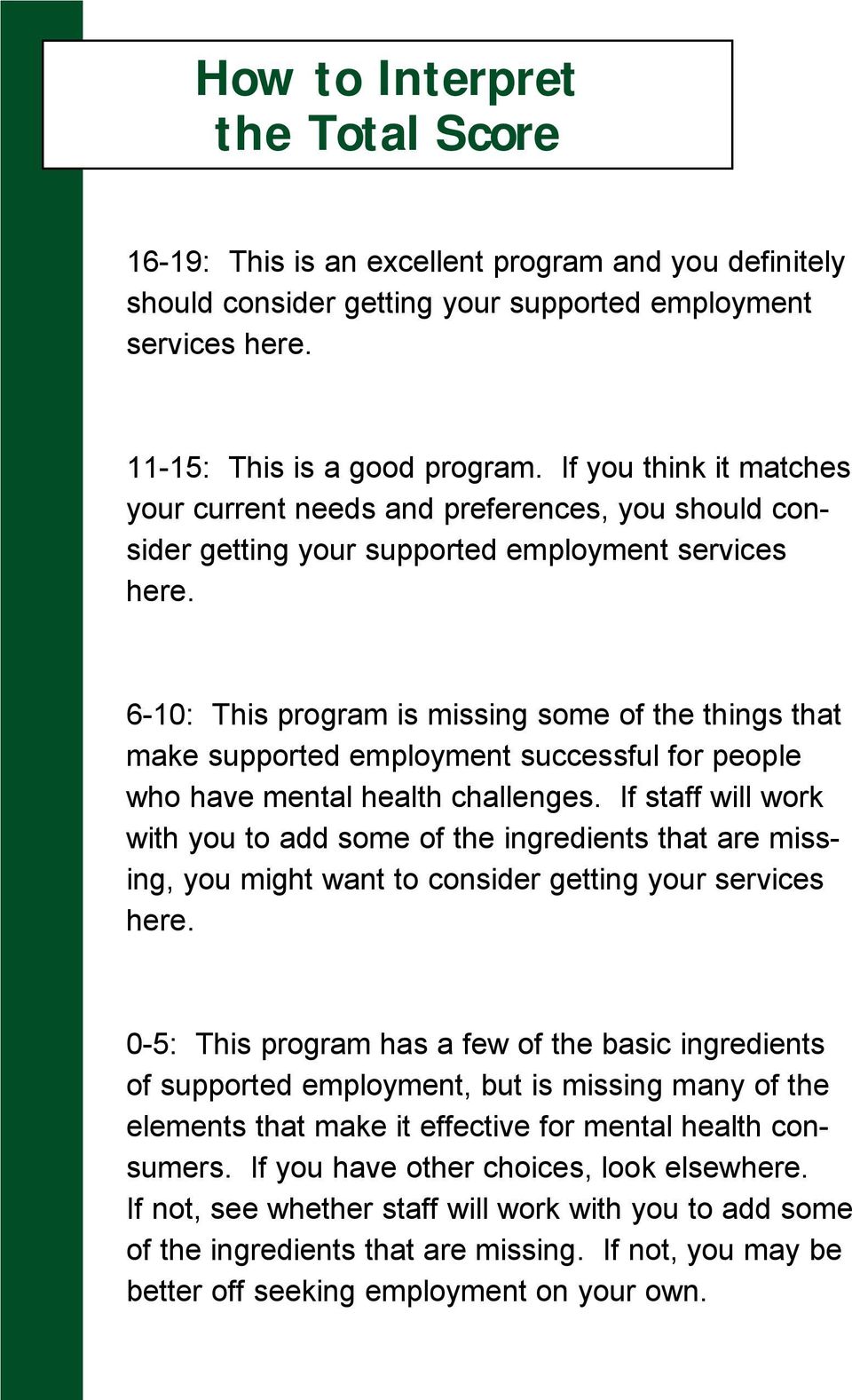 6-10: This program is missing some of the things that make supported employment successful for people who have mental health challenges.