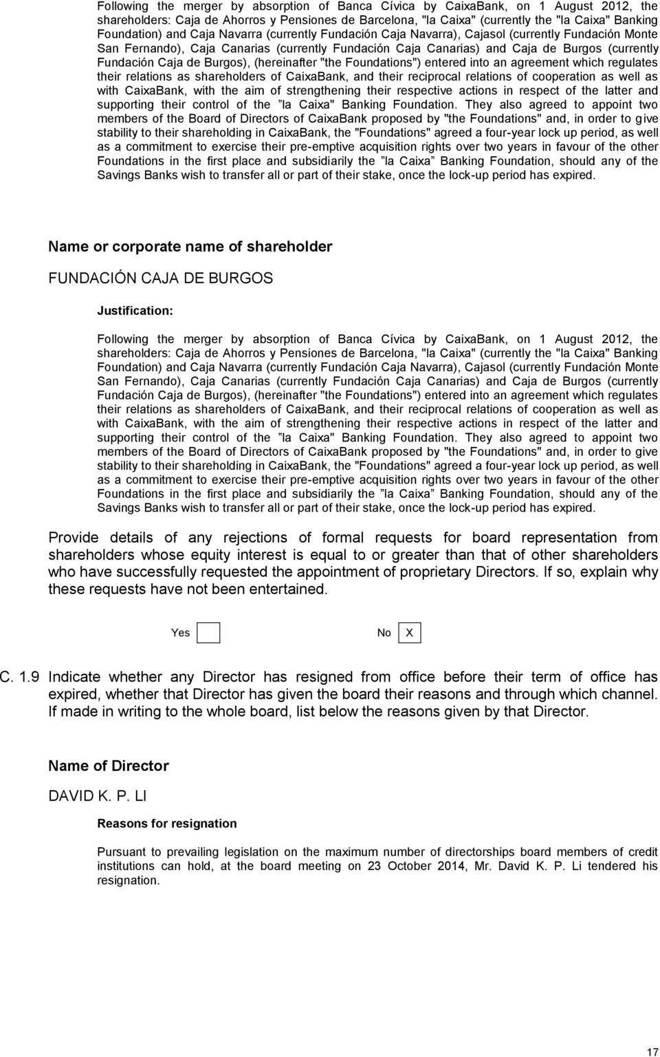 de Burgos), (hereinafter "the Foundations") entered into an agreement which regulates their relations as shareholders of CaixaBank, and their reciprocal relations of cooperation as well as with