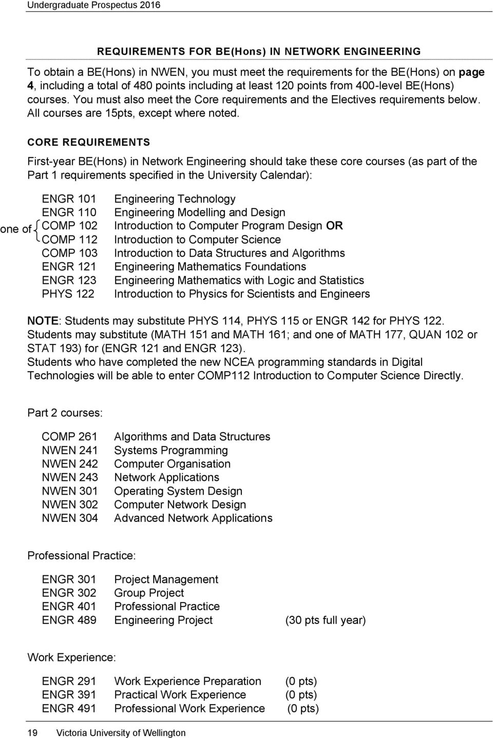 CORE REQUIREMENTS First-year BE(Hons) in Network Engineering should take these core courses (as part of the Part 1 requirements specified in the University Calendar): one of ENGR 101 ENGR 110 COMP