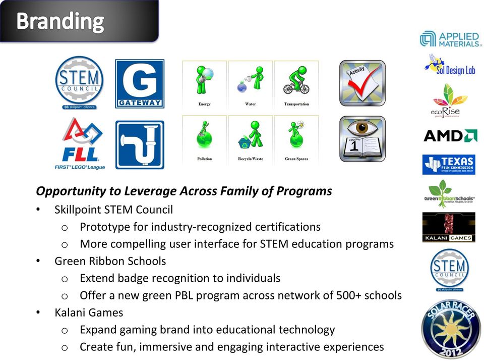 Schools o Extend badge recognition to individuals o Offer a new green PBL program across network of 500+